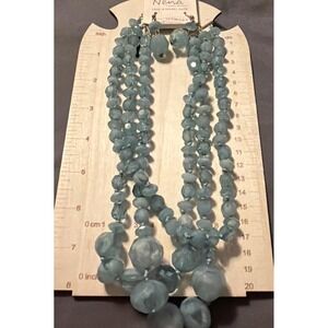 Nena 3-Strand Lucite Necklace & Earring beaded Chunky Retro Blue Gray Statement